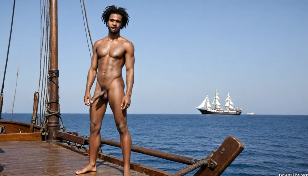 the upper deck of a sailing pirate ship, old guns, mainmast, Lots of naked black african pirates, Full body on display