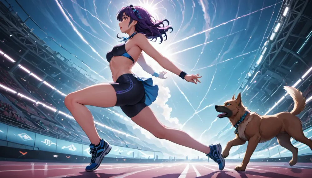 The image is an illustration of a woman pulled by a running dog. Side view. Wide angle.