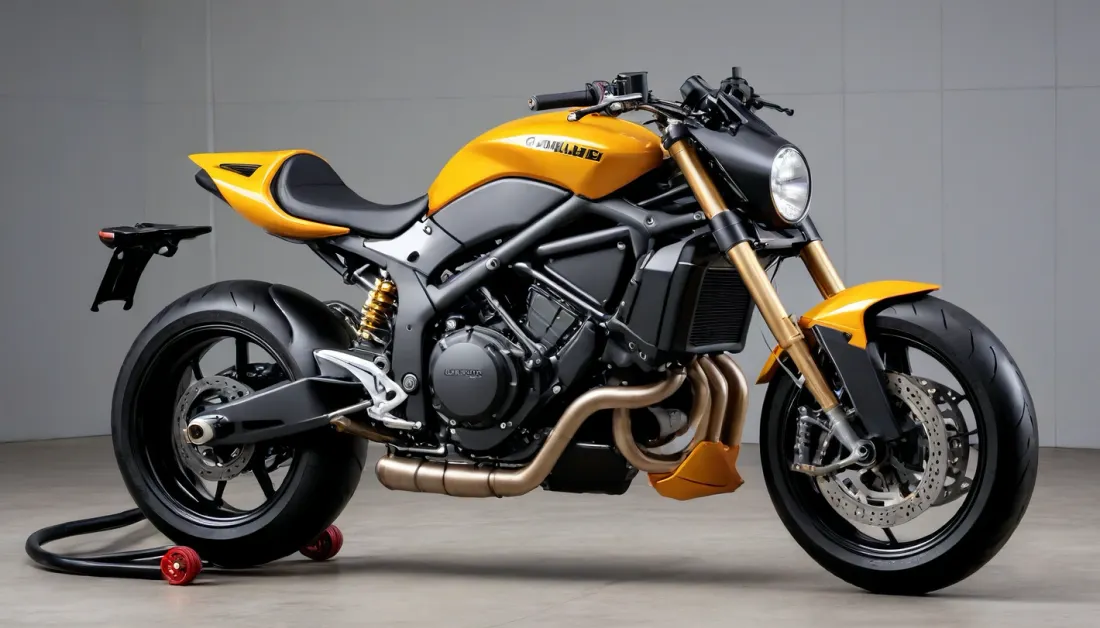 Velociraptor 1600cc, Superbike concept, ((L2œ×™ LM11)), (inline 4-cylinder engine, 110-degree ignition, mixed sump), (gear-driven timing system with 8 camshafts, air-pressure valve return), (clutch disc, manufactured from Carboro09, electronically controlled engine braking via AI), (turbine-pressurized cooling system, operates at 98 degrees), (electronically controlled engine management with AI level 3), (very enveloping obsidian-colored fairing with two air intakes, front and side), (Carboronium11 multi-tubular frame, engine mounted to swingarm), (rear suspension, floating shock absorber on swingarm), (front suspension, Öhlins fork)