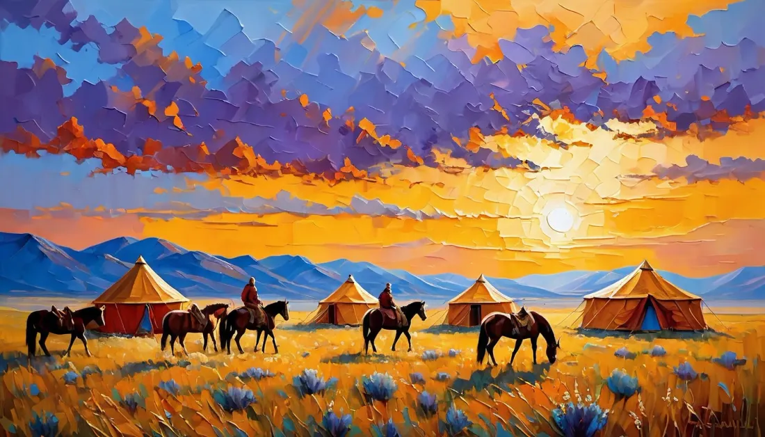 (oil painting:1.7), (Textured and loose style:1.7), (Impasto:1.7), (Thick and rough brushwork1.7), The setting sun paints the horizon in shades of orange, gold, and purple, bathing the entire steppe in a warm glow, There is a striking contrast between the vast blue of the sky and the fiery sunset, A herder dressed in a traditional deel guides a herd of horses. The atmosphere is peaceful, as the horses head home after grazing for the day, The piece uses an impasto technique, the horses' coats, the three-dimensional depth of the clouds, Landscape, An endless expanse of steppe stretches toward distant mountains, ((((with small gers)))), ((((traditional nomadic tents)))), scattered in the background.