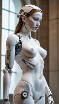 기계 부품 흰색 대리석으로 만든 벌거 벗은 여성 cyborg 그림의 조각