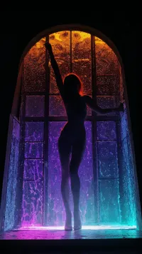 The young witches gather around a glowing altar, their faces painted to resemble demons or angels. They are dressed in elaborate costumes and make-up, with their faces painted to resemble demons or angels. The room is dimly lit by flickering candles