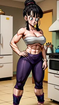 anime style, looking at viewer, perfect eyes, full body, barefoot, kitchen, bare shoulders, yoga pants, midriff, muscle mommy, milf, large breasts, 1girl, solo, abs, (chest sarashi), bandages, smirk, sidelocks, bangs, single hair bun, hair bun, (black eyes), hand on hip, hip cocked, dbzch1ch1, chichi_dbz, <lora:muscle_mommy:1>, <lora:dbzch1ch1_v01:.5>, <lora:chichi_dbzV2:.5>, <lora:Toriyama_Akira_Style:.5>, <lora:Chest Sarashi V2:.5>, <lora:more_details:.5>