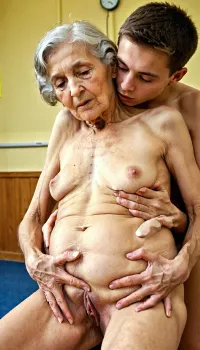 Really young male student is kissing the belly of an very old granny, 98-years old, skinny and bony body, anorectic, saggy wrinkly empty hanging breasts, saggy hollow belly ribs showing in front of the entire school class. Granny with legs apart showing hairy pussy full body view, holding penis in hand, cock, dick, erected, boner, fingering, pussy, <lora:2FingersSDXL_v03:.5>