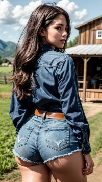 This is a high-resolution photograph featuring a beautiful ranch girl standing in a picturesque rural setting. She has a sun-kissed complexion, (1.3), and long, wavy auburn hair, (1.4), that cascades down her back, framing her face. Her eyes are a warm, honey-brown color, and her makeup is natural, emphasizing her rosy cheeks and full lips, (1.2), . She is dressed in a fitted, plaid button-up shirt with the sleeves rolled up, and worn, denim shorts that accentuate her toned legs and curvy figure, . The background showcases a classic ranch scene with wooden fences, a weathered barn, and grazing horses in the distance, . The sky is a clear, bright blue, suggesting a sunny, serene day, . The setting is bustling with the activities of farm life, adding a lively and energetic atmosphere to the scene, . The overall tone of the image is vibrant and joyful, focusing on the woman's beauty and the idyllic rural landscape, <lora:more_details:.5>