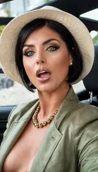 Una mujer caucásica de 35 años con ojos negros altos y una cara madura se captura en una foto profesional de maquillaje, lista para el semen. Ella tiene un maquillaje de ojos verdes perfecto, boca abierta, y listo para el semen. Su pelo es negro y ella