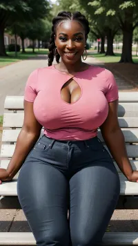super busty african milf housewife, very dark skin, round face, long black braids, (wearing a Female tight pink t-shirt, no bra, tight jeans), fully clothed, pronounce feminine feature, curvy slim body, ((super massive saggy boobs:1.1)), wide huge hips, (sitting on park bench with white husband), nipples poking through clothes, pokies, big smile, two people, man and woman holding hands