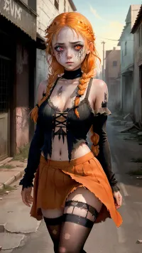 胸部扁平,眼睛宽的姑娘独自走在一个被破坏的小镇上,她的化妆品是橙色的,她的辫子看起来像是一个不懂结结的男孩做的. 她的纹身很紧