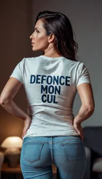 The woman in the jeans was wearing a tshirt with the text "défonce mon cul" on it. She had a sexy 30-year-old brunette face and ass