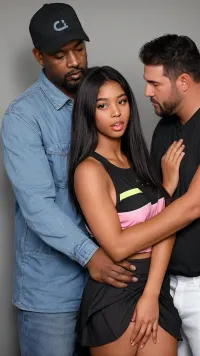 E-girl is being pushed against the wall by two tall black men, their hands are around her throat, and she is crying