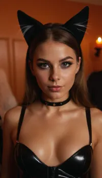 一个20岁的孩子 瑞典女孩为万圣节打扮成性感的猫,完整地配有假胡子,假猫耳朵,化妆品,以及一身乳胶体服. 她跳到派对的音乐里玩得很开心