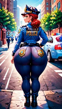 1 girl, 30 years, American, best quality, ultra-detailed, masterpiece, finely detailed, highres, 8k wallpaper, police woman, red hair, fully dressed, ((NYPD police uniform)), black police blouse, right black police uniform pants, black police cap, high black combat boots, hourglass figure, (full body view), very large breasts, standing close to NYPD police car, looking at camera, outdoors, very sunny, from behind, pose bent forward, upper body on police car, from, behind, huge booty, round ass, massive ass, right pants, booty, whooty, pawg, police, woman, fakebutt, large, ass, huge, gigantic, <lora:policewoman-10:.5>, <lora:epi_noiseoffset2:.5>, <lora:FakebuttV3:.5>
