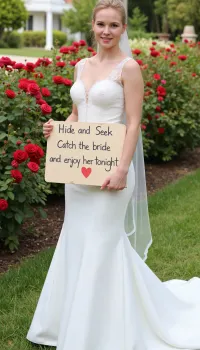 A 25 year old petite blonde bride in wedding dress stands in a rose garden holding a handwritten sign with Text "Hide and Seek Catch the bride and enjoy her tonight" and a painted red heart.