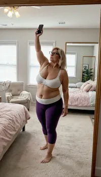 A 60-year-old woman stands in front of a mirror, capturing her full-body reflection in a first-person perspective. She wears a white sports bra, dark purple yoga leggings, and glasses. Her straight grey-blond