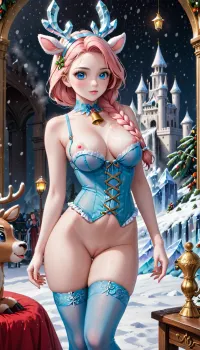 A beautiful woman in a snow white horse-drawn sleigh rode through the snowy mountains, her long braids flowing behind her. She wore an ice blue corset with snowflakes and a high quality, 8k render. The hyper