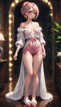 The girl in the picture was wearing a short, satin robe with a scalloped hemline. She had on matching high-waisted shorts and a slipper with crystal hairpin and subtle stud earrings. Her makeup was light, but