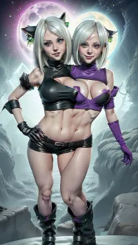 woman, conjoined twins, Conjoined twins with triboobs and two heads, blond hair, blue eyes, beautiful, detailed, full body shot, full body, conjoined sisters, triboobs, two heads, lesbian, (side view), (1 girl), dwarf, ass, bent, black hips, chest, anus hole, colored leather, cropped top, detachable sleeves, fingerless gloves, fishnet fabric, (back), gloves, goggles on the head, greaves, looks at the viewer, looks back, hair long, pointed ears, purple skin, short hair, short shorts, shorts, small breasts, smile, solo, thick hips, thighs on tiptoe, clothes without socks, wide hips, yellow eyes, (yordl), (jack-o-call), ((Tristan)), (((short stack))), kiri, laura, (kiri_iz_avatara_vode_vody-000004:1.4), conjoined, conjoined_dicephalus, two, heads, hugging, <lora:conjoined:.8>, <lora:conjoined_dicephalus-10:.8>