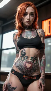 A portrait in extreme closeup: the enchanting 20yo with green eyes, freckles, and a stunning tattooed body