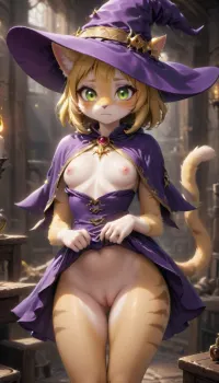 (masterpiece, best quality), female, feline, striped fur, yellow fur, small breasts, nipples, partially clothed, witch, witch hat, skirt lift, <lora:[STYLE]_personalami_v1:.9>