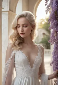 A young woman with porcelain skin and ethereal beauty stands before a backdrop of lush, green fields. Her hair cascades down her back in soft waves, interwoven with delicate petals that catch the light. The camera captures her