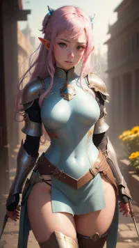 El texto generado por la AI describe una imagen de una niña caballero en la armadura brillante, con calidad y detalle excepcionales. La imagen está centrada en el espectador, y el fondo es un color pastel artístico. La figura blindada está mirando al espectador, con