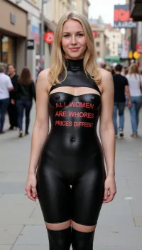 一个金发女人站在购物街上,身着黑色的猫装,胸部和阴部有孔. 她穿着黑色的猫装,为乳房和阴部打孔. 她的西装上画着红色文字 "ALL Women ARE