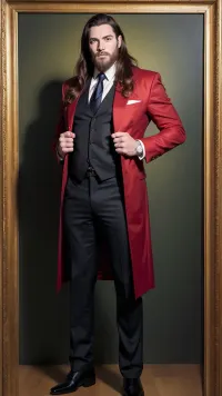 a painting of a men, style jim starlin, spanish, suit, short beard, long hair, brunete hair, full body view, looking front