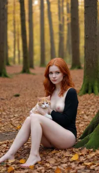 Naked redhead girl sit with a cat in a autumn forest