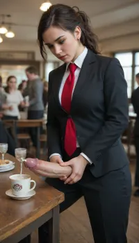 crowded restaurant full of people, (woman in black suit standing), head bowed forward looking at cock, red tie, huge tits, open trousers, large futa penis, (masturbating cock, cum shooting into cup on table)