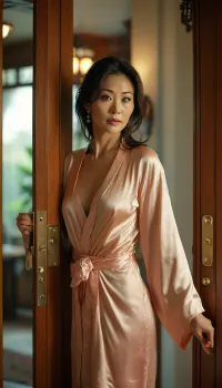 Asian MILF in silk robe opening the front door, cleavage, panties, high heels, surprised expression, <lora:MJ52:.8>