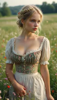 Blonde milkmaid, milkmaid dress, in a field of grass and wildflowers, plump lips, DDD-breasts, 5-foot-4-inches, short, buxom, full-figured, curvaceous, <lora:MJ52:.8>