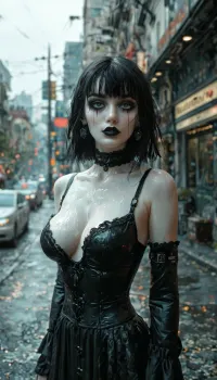 gothic, goth, pale skin, dark black eyes, black hair, bangs hair, black eyeliner, (black lipstick), white skin, perfect eyes, small eyes, detailed eyes, small nose, good anatomy, ultra detailed, high resolution, wonderful scenery, aesthetics, background, fake breasts, slut face, whore, (posing:1), sexy posing, (illustration:1), (hand drawn:1), (anime:1), <lora:MJ52:1>, <lora:EnvyZoomSliderXL01:-2>, <lora:detailed_notrigger:.5>