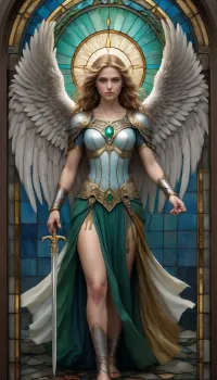 a majestic stone-framed church stained glass window, set against a subtle backdrop of muted blues and grays, depicting a powerful warrior angel with intricately detailed feathers in shades of emerald green, sapphire blue, and amber, wielding a sword of pure white light, with a determined expression on its serene, alabaster-skinned face, adorned with piercing emerald green eyes and golden hair that cascades down its back like a halo, surrounded by a halo of radiant, rainbow-colored light that filters through the glass, with subtle hints of crimson and gold accents throughout the window's design, and delicate, lace-like patterns etched into the lead framework that holds the glass pieces together.