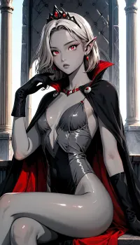 masterpiece, 8k, high quality, ultra detailed body and clothes, 1girl, dark elf, 25 yo, (grey skin:2), she is the dark evil queen, white straight hair, red eyes, correct eyes with pupils, detailed eyes, horny, detailed perfect face, grey lips, evil eyes, seductive, extremely beauty, small rounded breasts, super waist, hourglass shape, (lean body:1.3), lean abs, perfect small rounded ass, look at the viewer, The Dark Queen's black outfit and black cape, black gloves, the whip is in her hand, black tiara, full dark, sitting on the dark-stoned throne, in the dark-stoned palace, night time, wide angle, <lora:1990-2:.8>, great, lighting, <lora:great_lighting:.8>