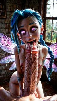 A very tiny fairy, ((Jinx from Arcane), ahegao face, drooling all over cock, large eyes, eyes wide open, eyes glowing purple, heart shaped pupils, large pupils, excited, pussy is cumming, huge fake tits, nipple chains, half the size of cock, covered in cum), very delicate, (appearance:.8), ethereal, (appearance:1), glowing wings, (wings:1.5), worshipping a gigantic huge white veiny cock twice her size, (cock size:2), with her hands and mouth, sucking cum from tip, (interaction:1), the cock Is very huge with drool running down it, (texture:1), surrounded by a magical room, (setting:1), soft sunlight filtering through the window, (lighting:1.2), (drool on cock), creating a warm atmosphere, (mood:1), full of intricate details, (details:.8), capturing the contrast between the tiny fairy and the immense huge cock, (contrast:1.5)