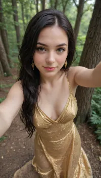 Best Award winning photo, Macro lens, a cute girl 18 year old, very cute, perfect breast, perfect body, fresh pink nipple, perfect pussy, close up pussy, (((golden Long dress))), (((front high View from above from behind))), forest, front of tree, Stand close of body together, Leaning against a tree, (((standing sex position))), (((Extra white pale skin color))), Woman, (((Black hair))), very long straight hair, cute round face, Suspicious smile, climax, selfie, video call, .