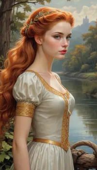 masterpiece, best quality, on the river bank, 1girl, solo, looking at viewer, long hair, ponytail, blue eyes, orange hair, very long hair, brown hair, magical girl, (style Michael Cheval:1.5), J.C., Leyendecker, Style, page, <lora:J.C. Leyendecker Style:.8>, <lora:hagi_XL_v1_AutoRunMech:.8>