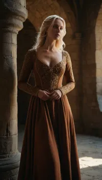 blonde medieval noble woman, standing in the castle, she is the castle lady, her dress is pulled down. exposing her perky tits.