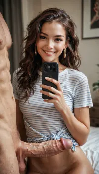 score_9, score_8_up, score_7_up, score_6_up, 1girl, very big penis, hetero, 1boy, phone, cellphone, striped_shirt, striped, uncensored, long_hair, smartphone, realistic, testicles, smiling into camera, posing with the big cock, shirt, solo_focus, holding_phone, erection, nude, clothed_female_nude_male, brown_hair, holding