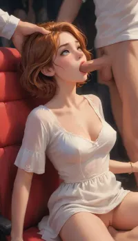 Redhead, short hair, full breasts, wearing a loose dress, fucking with two man, One man is fucking her pussy, while another is deepthroating her in a dimly lit movie theater, whole body visible, She loves it, people watching, man's, erect penis, sex, 1 girl, realistic penetration, 2 guys, deepthroat, vaginal score_9, score_8_up, score_7_up, score_6_up, (j_cartoon:1.5), Drawing, <lora:samdoesarts1.1-000030:.4>, <lora:J_cartoon:.4>, <lora:Animated_Concept:.4>