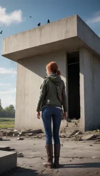 ((((((exclusion zone, post apocalypse, a poor bunker with a broken roof where you can see the sky and birds, old damp cracked concrete, wanderer, stalker, wandering, exploring the world and empty surroundings, she has a weapon of the future for protection, she is on guard, enemies are hiding in ambush))), (((She is a young resistance fighter)), (((background, machines standing broken, wake, battle, invasion of planet earth)))))))