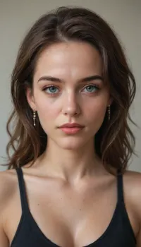Junge Frau. Dünn. Große Brüste. Breite Hüften. Hellrotes Haar. Gelockte Haare mit Zopf. Helle Haut. Sommersprossen. nackt. sitzend. Freundlicher gesichtsausdruck. Ganzkörperansicht. Gesicht mit Sperma bedeckt!
