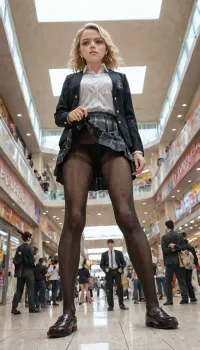 Surrender by man, view from below, from below, 1girl, solo, blonde hair, collared white shirt, buttoned jacket, pleated skirt, skirt lift, lifted by self, annoyed, high school uniform, black pantyhose, full body, in mall, <lora:skirt lift XL V2:.5>, <lora:crowd_notrigger:.8>