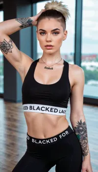 Girl, very young, undercut haircut, very pale white german girl, fitness instagram model, (((blacked clothing))), armpits, leggings, queen of spades tattoo on arm, thick eyebrows, <lora:BLACKED_girls:.6>