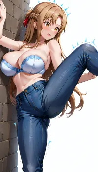 asuna from sword art online, big breast, body trembling, white background, tight jeans, ((strapless bra denim)), panties, one leg raised, leaning on wall