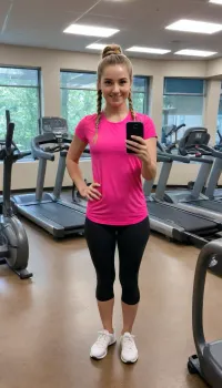 A woman with long, light brown hair styled in a braid takes a selfie in what appears to be a gym setting. She is wearing a bright pink t-shirt that is tied at the waist, black athletic shorts, and white sneakers. She holds a black smartphone in her right hand, angled to capture her full figure. Her left hand rests on her hip.

The background of the photo shows various pieces of gym equipment, including weight machines, a treadmill, and an elliptical trainer. There is also a padded step platform with a towel and a spray bottle on it in the foreground to the left. The floor is a light gray with blue and green accents. A framed picture or sign hangs on the wall behind her, and a patterned rug is visible above the exercise equipment. The lighting in the room seems to be artificial and somewhat bright.