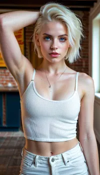 Girl, 18 years old, blue eyes, blonde white short hair, undercut haircut, ((pale white skin)), white German girl, ((armpits)), thick eyebrows, smokey eyes makeup, spaghetti straps top, hooligan, brat, ((aggressive)), wearing DocMarten boots and leggings