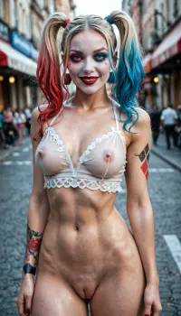 harley quinn, perfect skin, extremely beautiful face, ultra high details, award winning photo, breasts, hips, super waist, tattooed body, perfect anatomic body, erect nipples, (comically hyper puffy swollen vulva:1.1), puffier, (excessive hyper pronounced puffy swollen labia:1.1), long eyelashes, glossy lips, attractive face, perfect nose, round cheeks, beautiful woman, hinata, sexy, model, pretty face, hyper realistic, perfect eyes, blue eyes, best detailed hair, on street, smiles, very transparent clothes, tight closes, Small round breasts