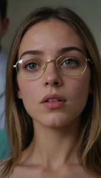 close-up view, bottom view, a petite 21 year old French girl, (((surrounded by medical students))), suck man, 5'3 tall, 88 lbs, perfect gray and green eyes, (tall rectangular thin gold glasses), medium-length, straight dark hair with a middle part and blonde highlights on the ends, small natural saggy breasts, (((hairy pussy))), on a medical examination table, in a modern medical office, natural skin texture, hyperrealism, sharp, ultra detailed, sharp focus, best quality, masterpiece, intricate details, hyperrealistic