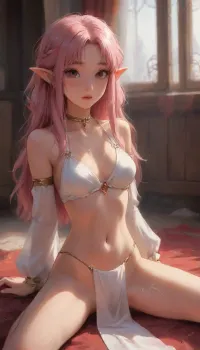 (white exposing exotic dancer costume), navel, cleavage, pelvic curtain lift aside, arabian transparent harem outfit, breasts curtain, white clothes, detached slit sleeves, partially visible vulva, choker, 18yo girl, cute, spread legs, (((submissive expression))), on stage, very petite, very skinny, facing viewer, looking at viewer, from top, bukkake, LineAniAF, <lora:LineAniRedmondV2-Lineart-LineAniAF:.7>, pink hair, long hair, messy hair, short pointy ears, (j_cartoon:1.5), <lora:Animated_Concept:.3>, <lora:samdoesarts1.1-000030:.5>, <lora:J_cartoon:.3>